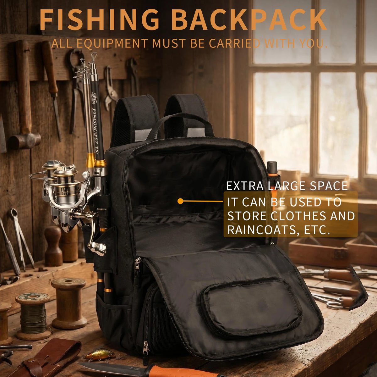 40L Large Capacity Fishing Backpack, 900D Water Resistant Oxford Tackle Bag with Dual Rod Holders for Outdoor Saltwater