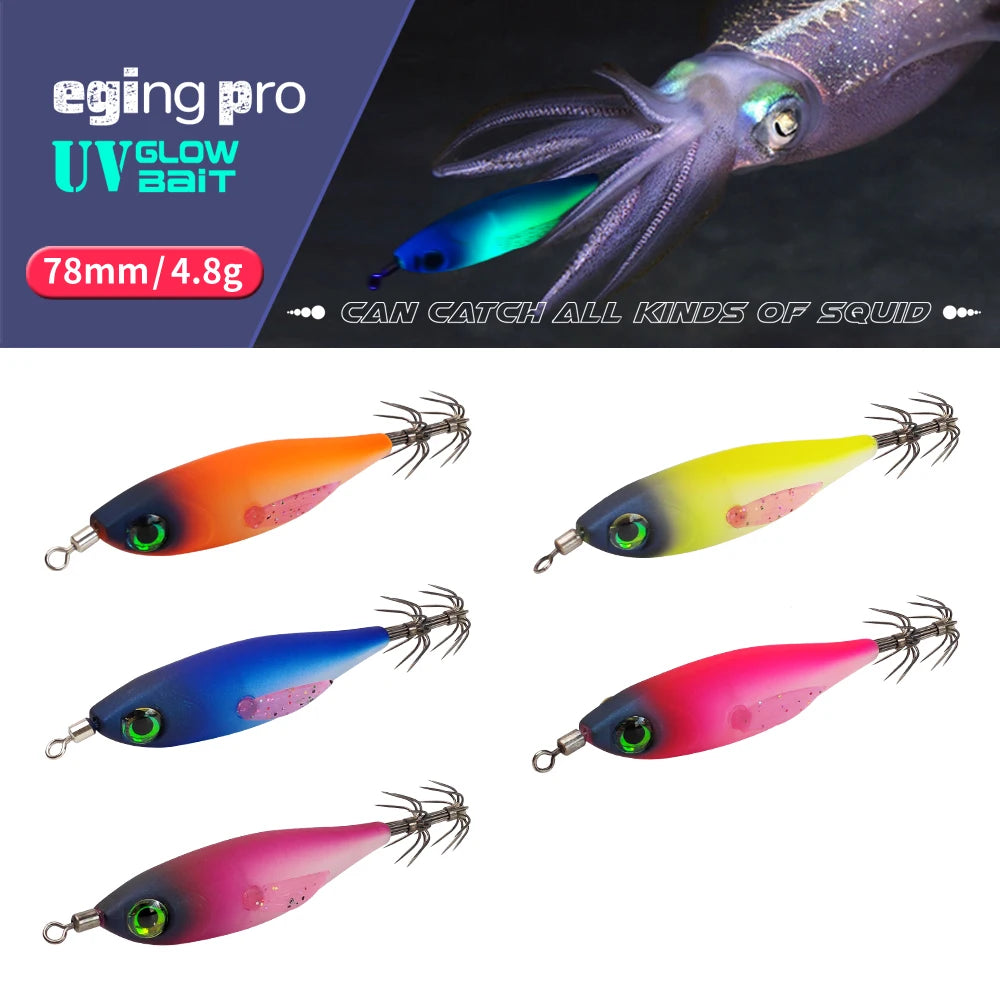 5Pcs UV Glow Squid Jig Egi Lures Sharp Hooks Luminous Wooden Shrimp Bait Saltwater Octopus Cuttlefish Sea Fishing Tackle Kit