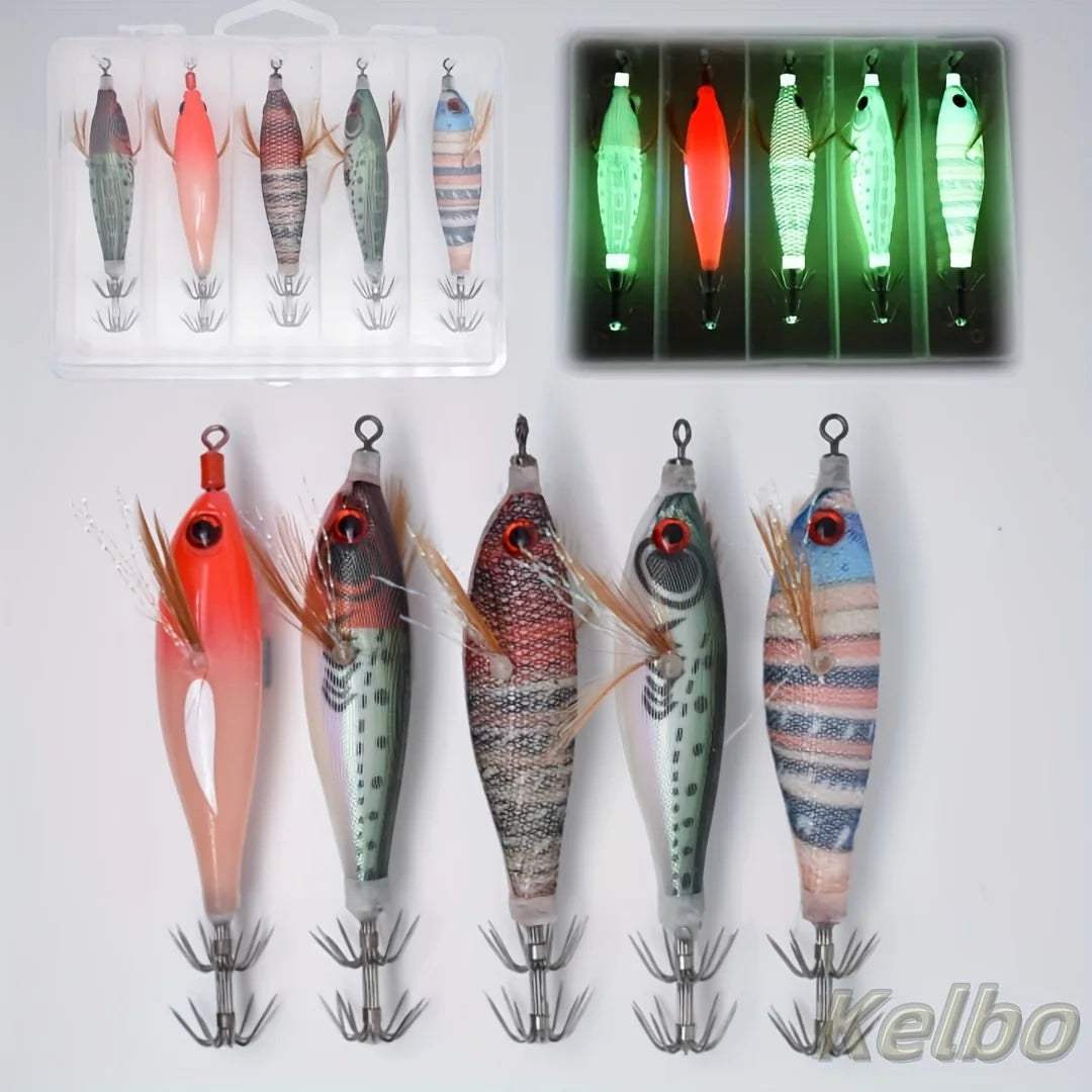 5pcs Glow-in-the-Dark Fishing Lures with 3D Eyes - Realistic Shrimp, Squid, Octopus - Hard Bait Jig Lures with Hooks, Non-Toxic,