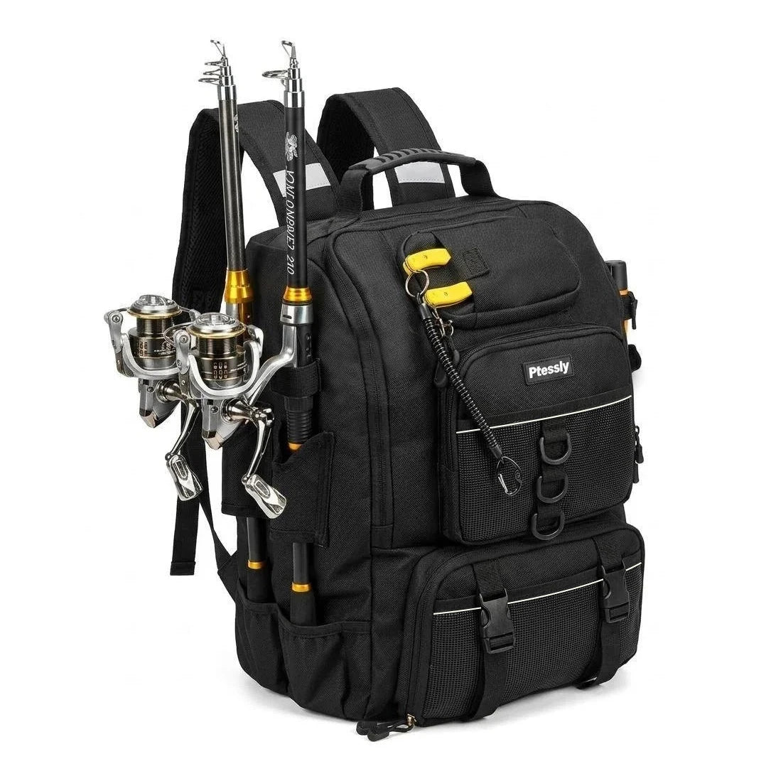 40L Large Capacity Fishing Backpack, 900D Water Resistant Oxford Tackle Bag with Dual Rod Holders for Outdoor Saltwater