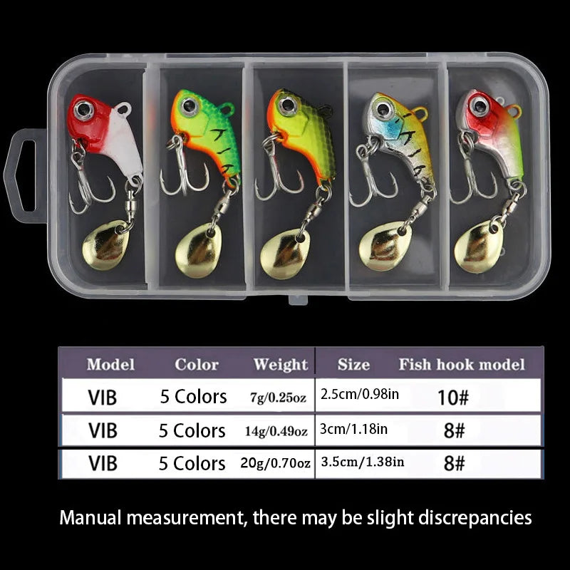 A Set of 5 Hard-Metal Lure Fishing Games, Rotating Spoon VIB, Artificial Bait for Catching Bass, Suitable for Both Freshwater an