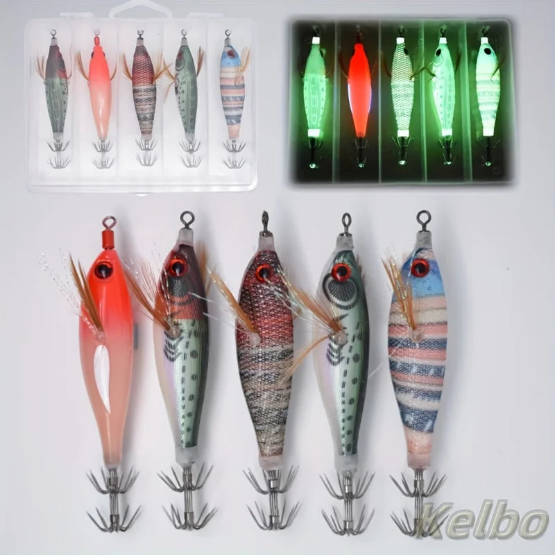 5pcs Glow-in-the-Dark Fishing Lures with 3D Eyes - Realistic Shrimp, Squid, Octopus - Hard Bait Jig Lures with Hooks, Non-Toxic,