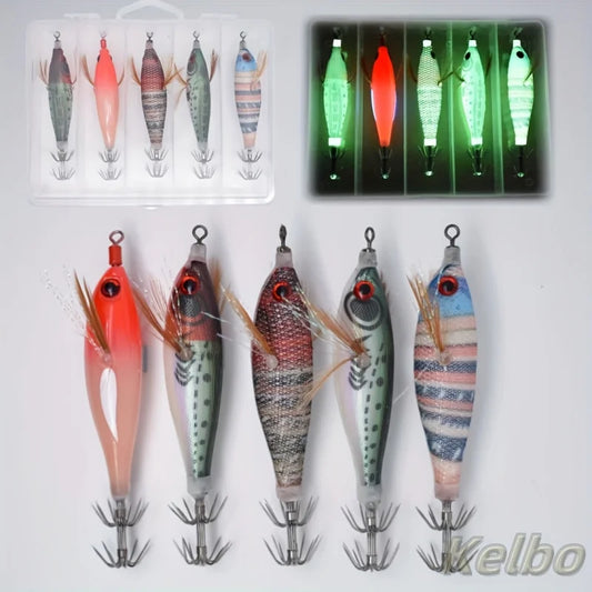 5pcs Glow-in-the-Dark Fishing Lures with 3D Eyes - Realistic Shrimp, Squid, Octopus - Hard Bait Jig Lures with Hooks, Non-Toxic,