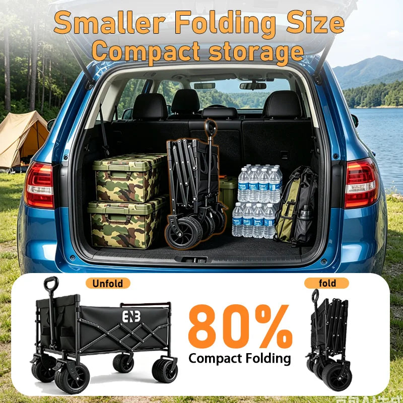 Quiet All-Terrain Folding Multifunctional Shopping Cart—Large Storage Capacity, One-Button Folding for Easy Storage, Black Waterproof Oxford Fabric with Side Cup Holders—Ideal for Camping, Outings, Gardening, and Heavy-Du