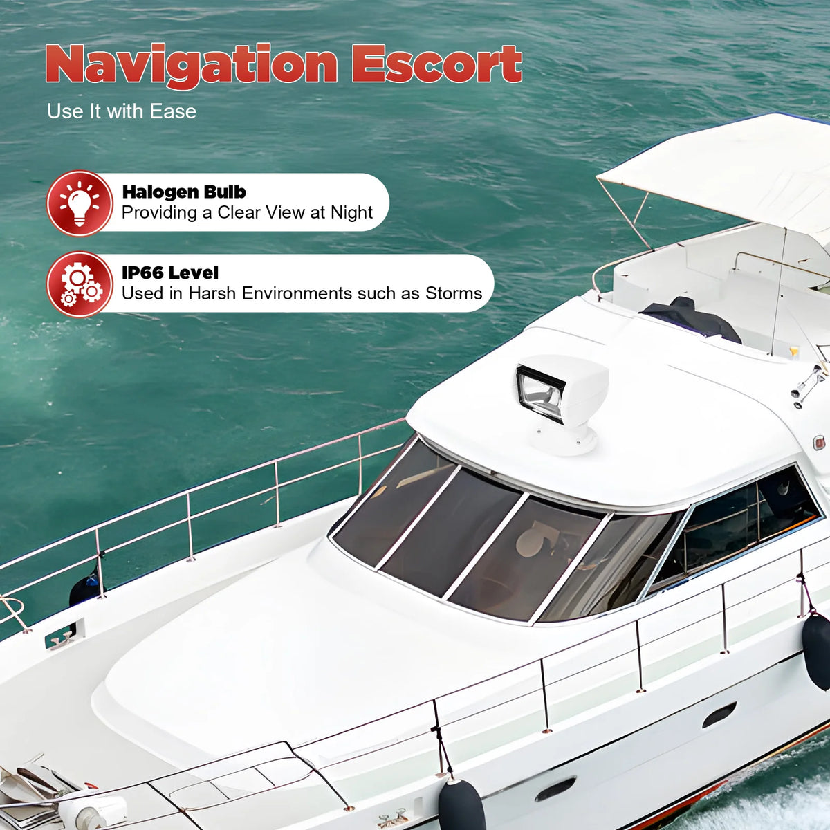 Spotlight Marine Spot Light Boat Searchlight Remote Control 12V 100W Waterproof, White, 360° Rotatable for Boat