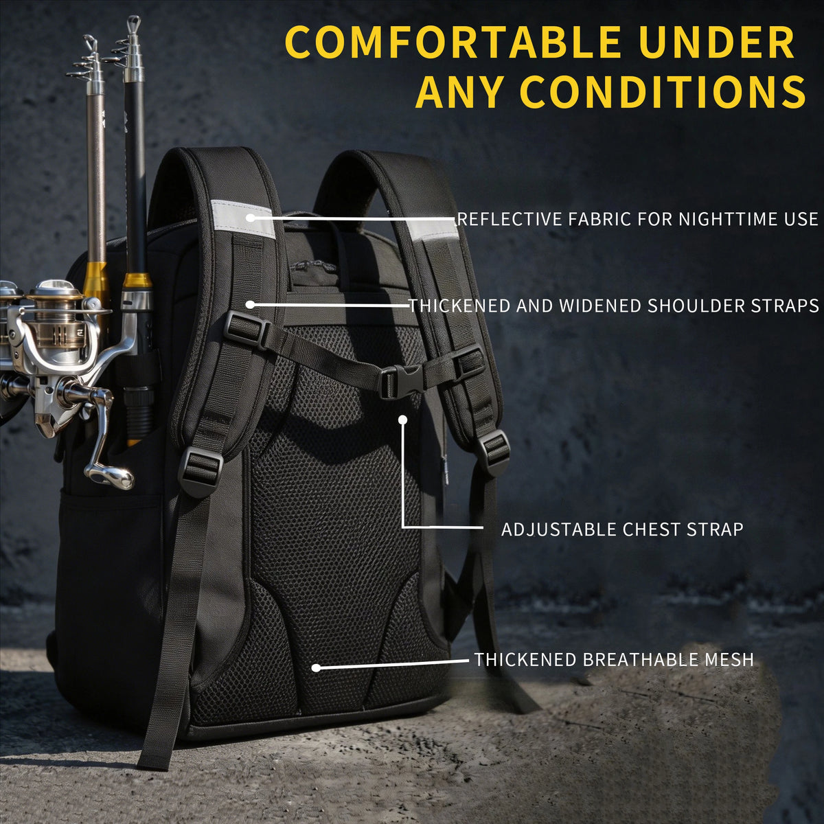 40L Large Capacity Fishing Backpack, 900D Water Resistant Oxford Tackle Bag with Dual Rod Holders for Outdoor Saltwater