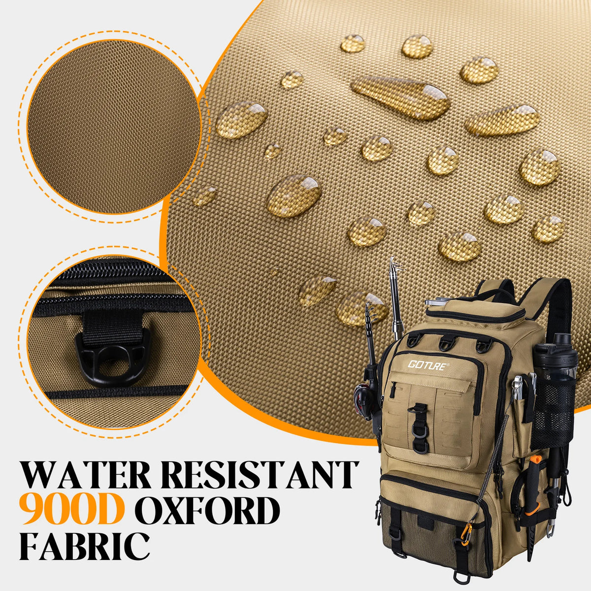 Goture Fishing Backpack 900D Oxford Waterproof Insulated Expandable Tackle Bag 3 Colors SBS Zipper Large Capacity