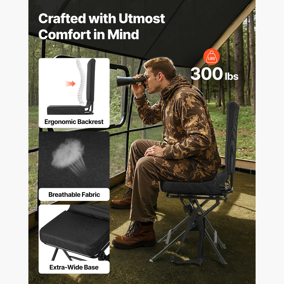 SucceBuy Hunting Chair 360° Silent Swivel Foldable Lightweight Portable Blind Chair with Adjustable Shoulder Strap for Fishing
