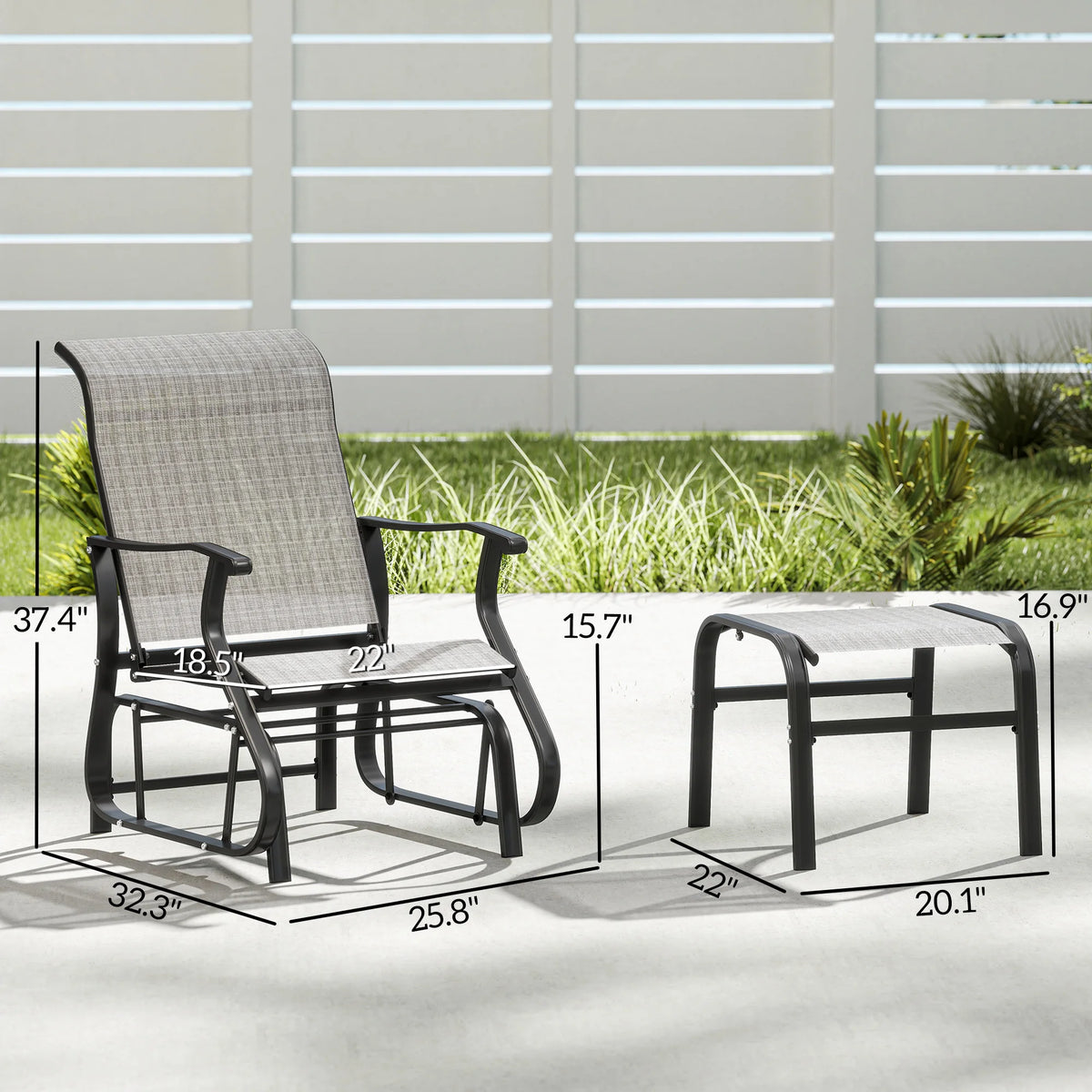 Outdoor Glider with Ottoman, High Back Patio Glider Set, Gray