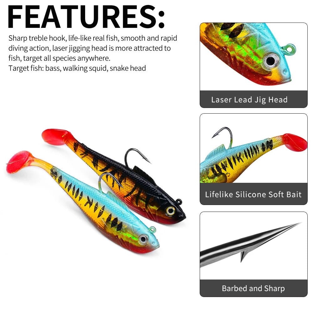 3Pcs Fishing Lure Jig Hook Silicone Soft Bait Set Swimbait 3.6g 9.5g 24.6g Artificial Rubber Baits for Pike Bass