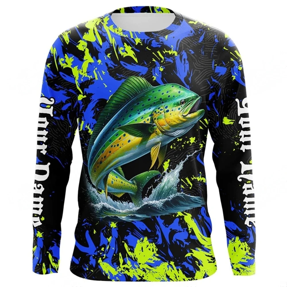 Men Blue Fishing 3D Print Long Sleeve  T-shirt  Breathable Performance Fashion Tops Tees Fishing Lover Tshirt Mens Clothing