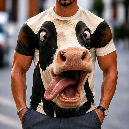 Men's Funny Cow 3D Big Face Print T-Shirt Realistic & Cartoon Dairy Humor Graphic Crew Neck Short Sleeve Tee