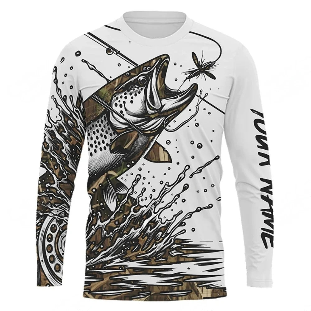 Men Blue Fishing 3D Print Long Sleeve  T-shirt  Breathable Performance Fashion Tops Tees Fishing Lover Tshirt Mens Clothing