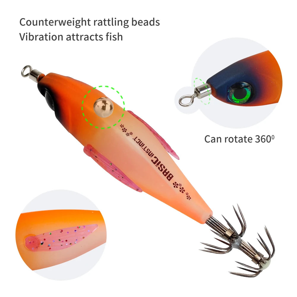 5Pcs UV Glow Squid Jig Egi Lures Sharp Hooks Luminous Wooden Shrimp Bait Saltwater Octopus Cuttlefish Sea Fishing Tackle Kit