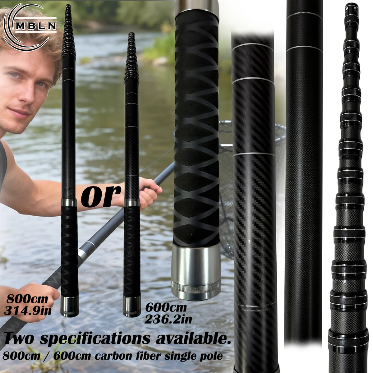 Carbon Fiber Telescopic Landing Net Pole, 6m/8m, Anti-Slip Handle, 8mm Universal Net Head, Ideal for Sea Fishing