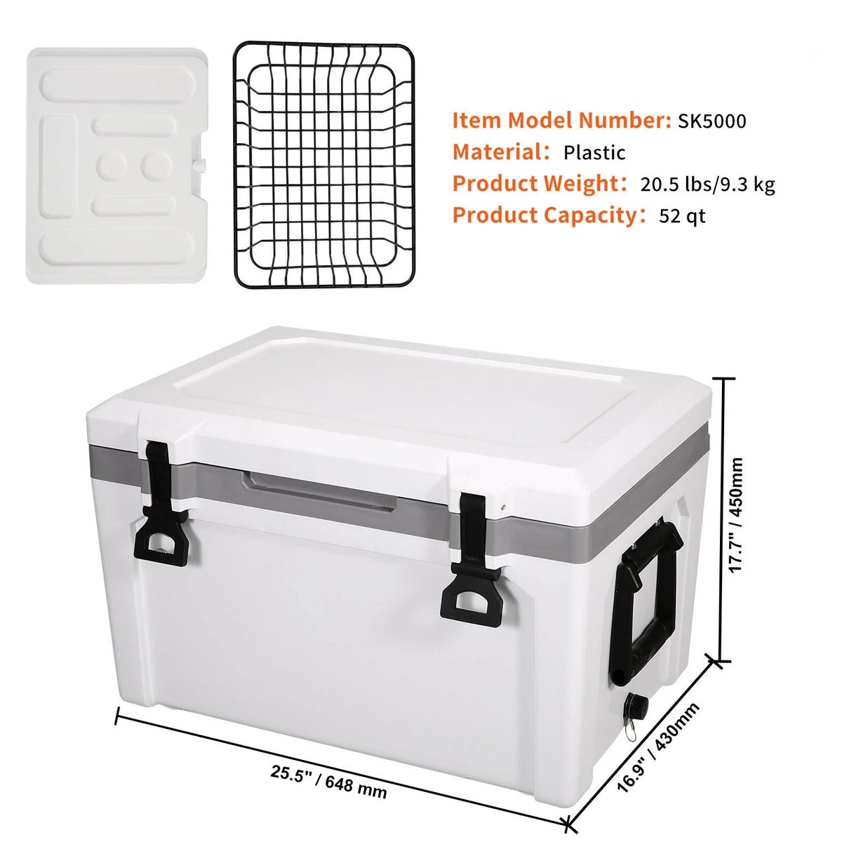 VEVOR 52QT Portable Hard Cooler Fully Insulated Ice Chest Cooling Box Goods Basket for Beach Outdoor Camping Travel