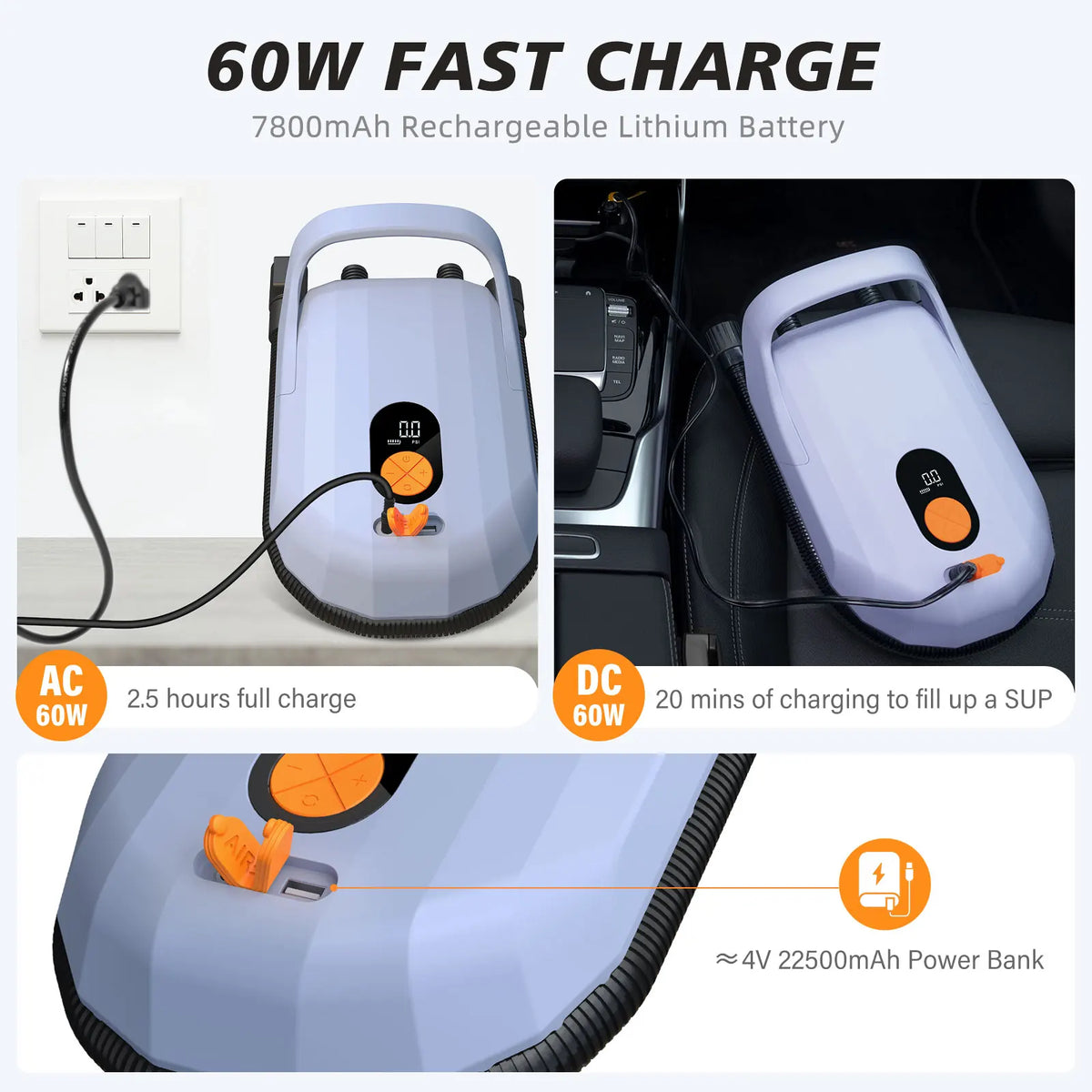 AIRBANK SUP Electric Air Pump with Battery 7800mAh 11.1V 20 PSI Max Rechargeable Battery Pump for Boards, Surf Kite