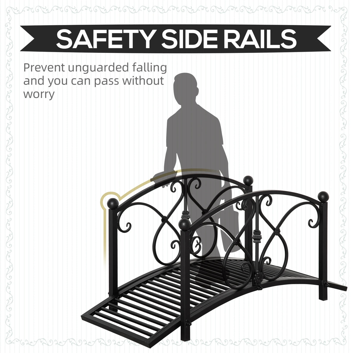 3.3FT Metal Arch Zen Garden Bridge with Safety Siderails Black