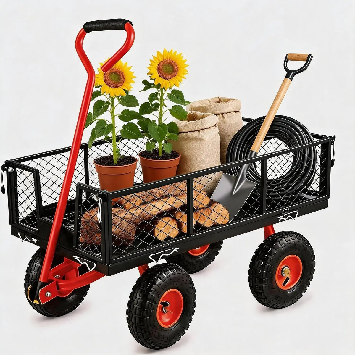 Steel Garden Cart Heavy Duty 900 Lbs Capacity, With Removable Mesh Sides,Utility Metal Wagon Perfect For Garden, Farm, Yard
